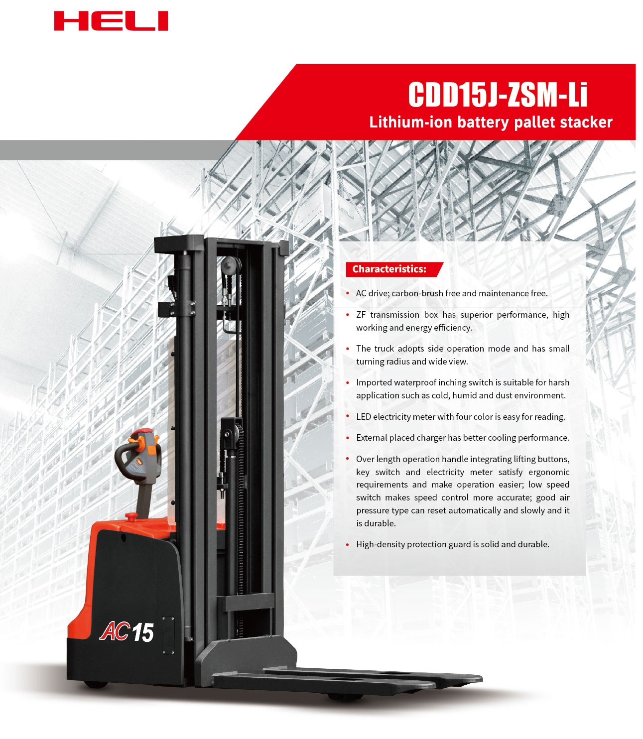 HELI Elektro-Hochhubwagen 1,5 t mit Freihub (Hubhöhe 4,0–4,6 m) Lithium