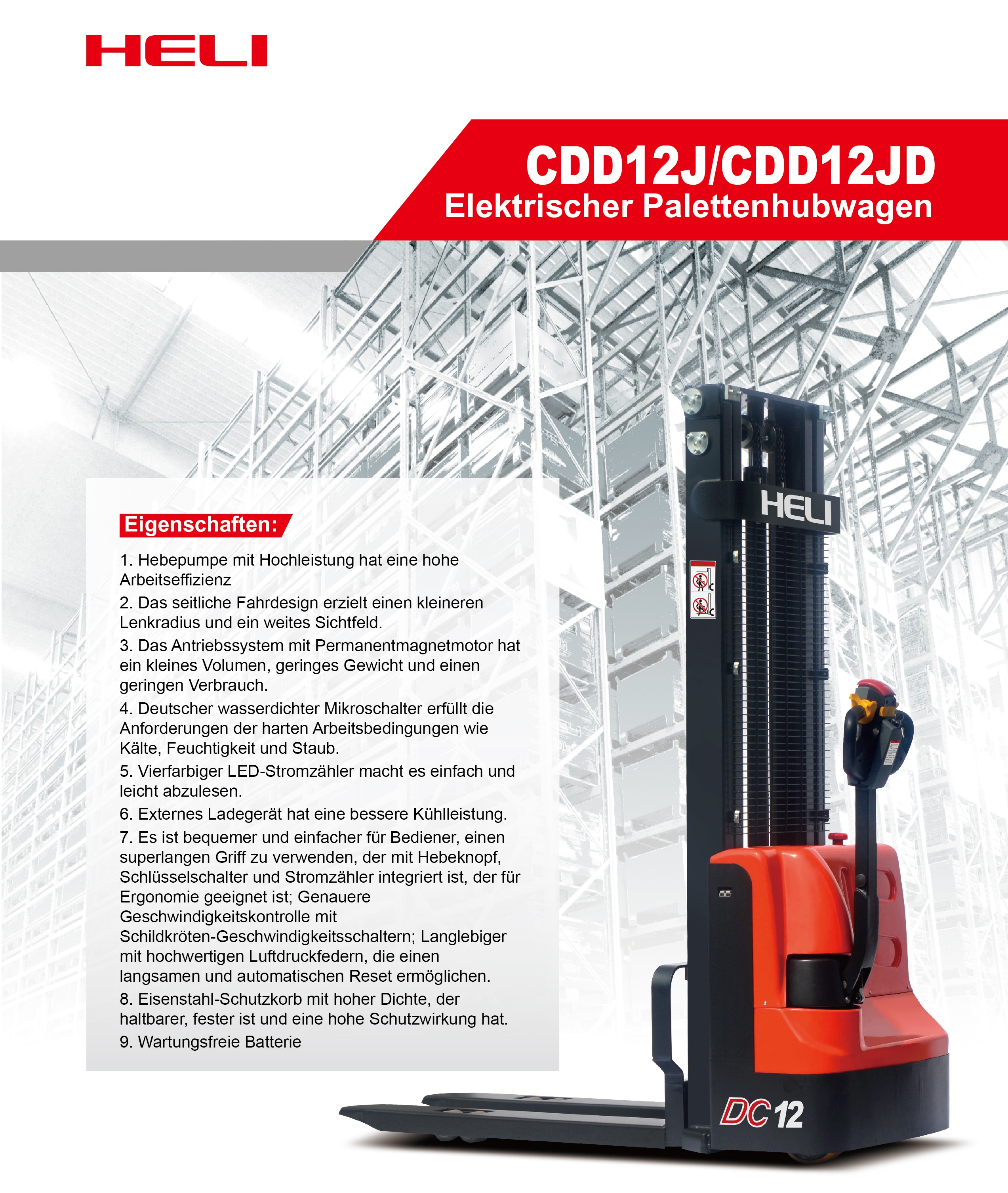 HELI Elektro-Hochhubwagen 1,2 t (Hubhöhe 2,0–4,0 m)