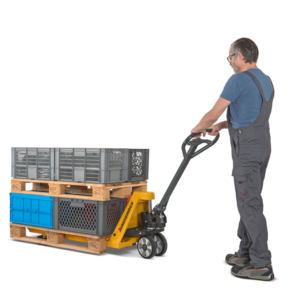 Jungheinrich Handhubwagen AM 20, Tragfähigkeit 2000 kg, ergonomische Bedienbarkeit, Nylon-Lenkräder, Nylon-Gabelrollen, Einfachbereifung