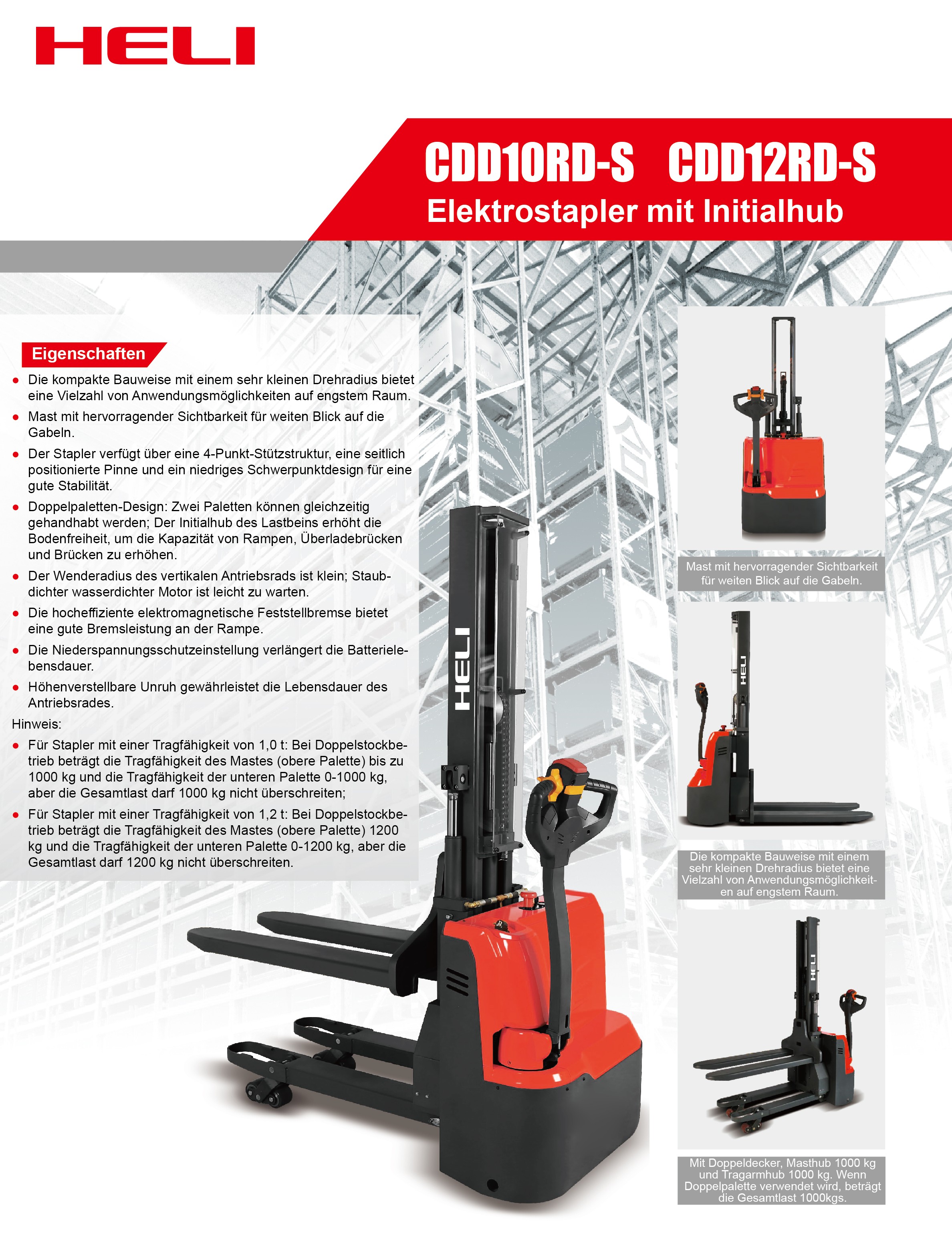 HELI Elektro-Hochhubwagen 1,2 t mit Freihub (Hubhöhe 1,6m)